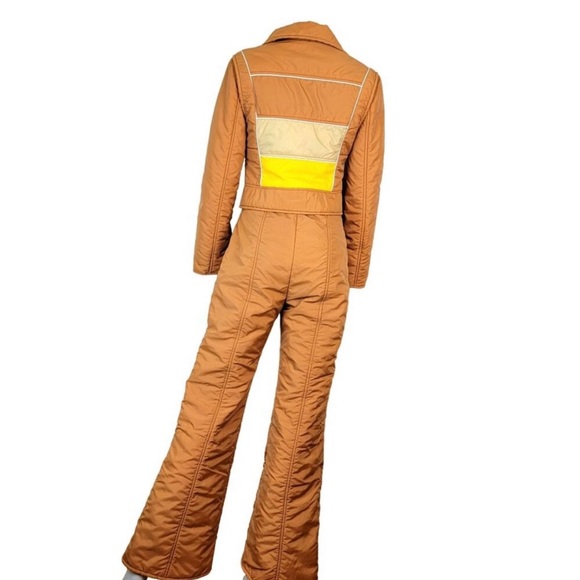 Subello Vintage 70s Ski Set Women 8 Orange Yellow Jacket Snow Bib Flare Pants M - Picture 2 of 16